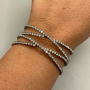 Vintage Silver Tone Rhinestone Large Cuff Bangle Statement Bracelet